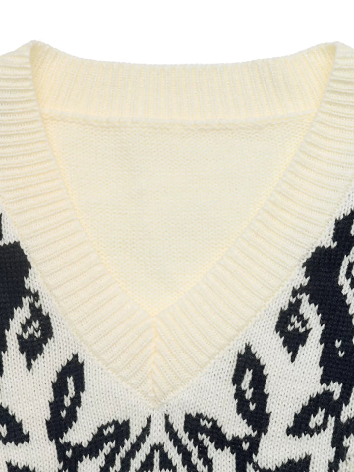 Floral jacquard V-neck dropped shoulder sweater