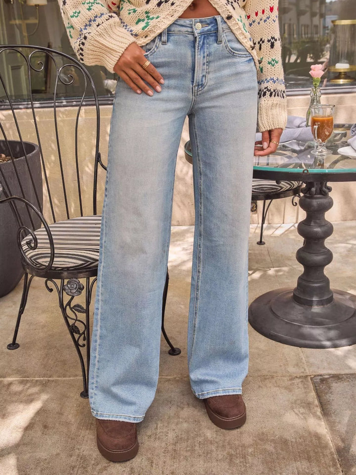 Light Blue Washed denim high-rise wide leg jeans