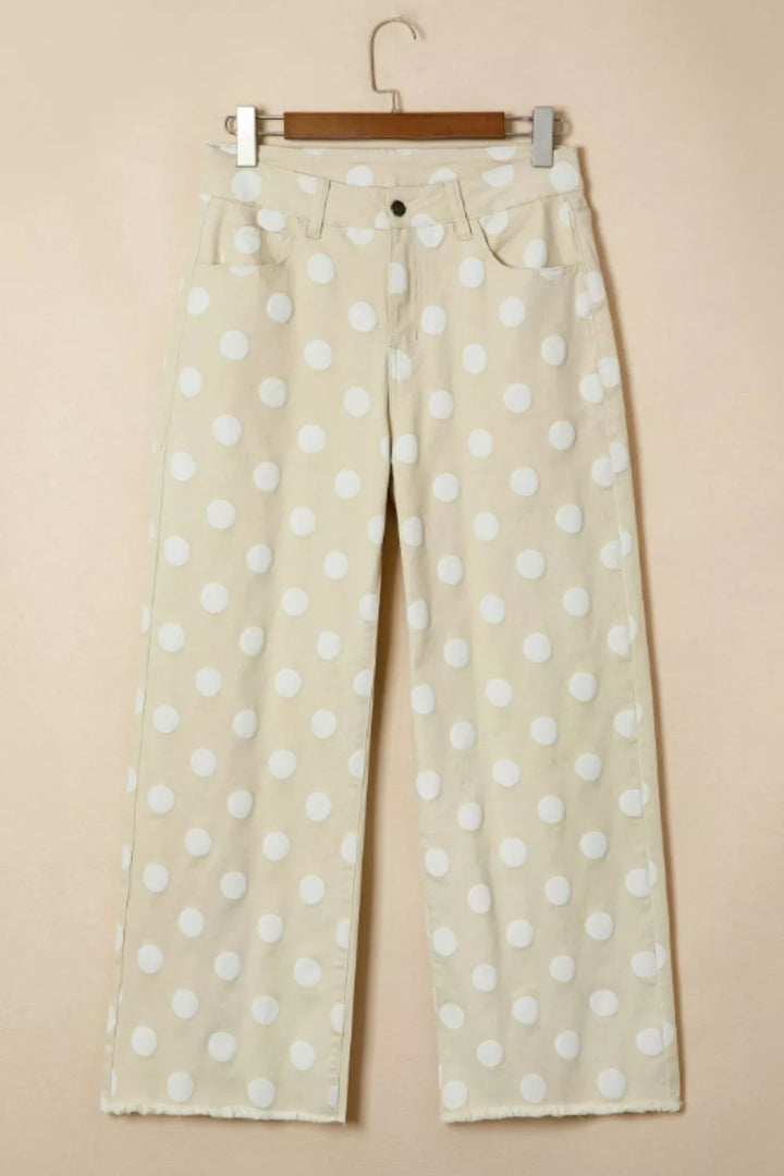 Polka dot high-rise wide-leg jeans with raw hem