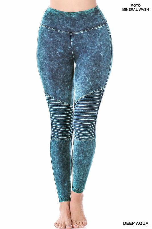 Mineral Washed Wide Waistband Moto Leggings - Azoroh