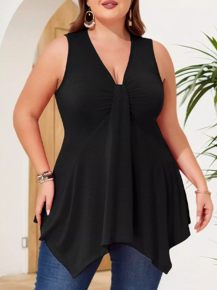 Plus size V-neck ruched tank with asymmetrical hem