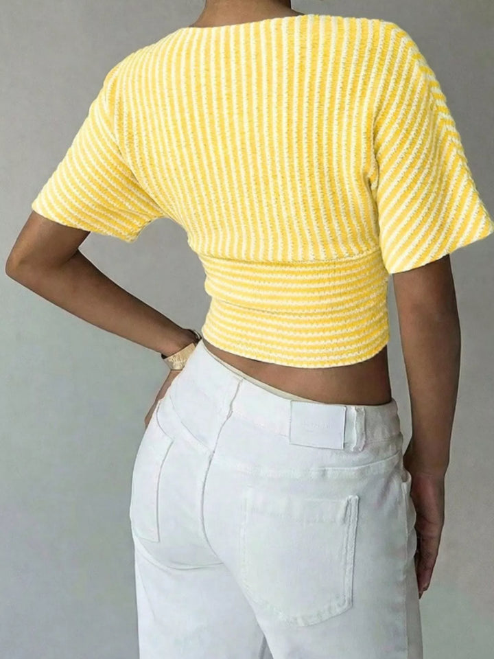 Striped surplice wrap V-neck short sleeve crop top