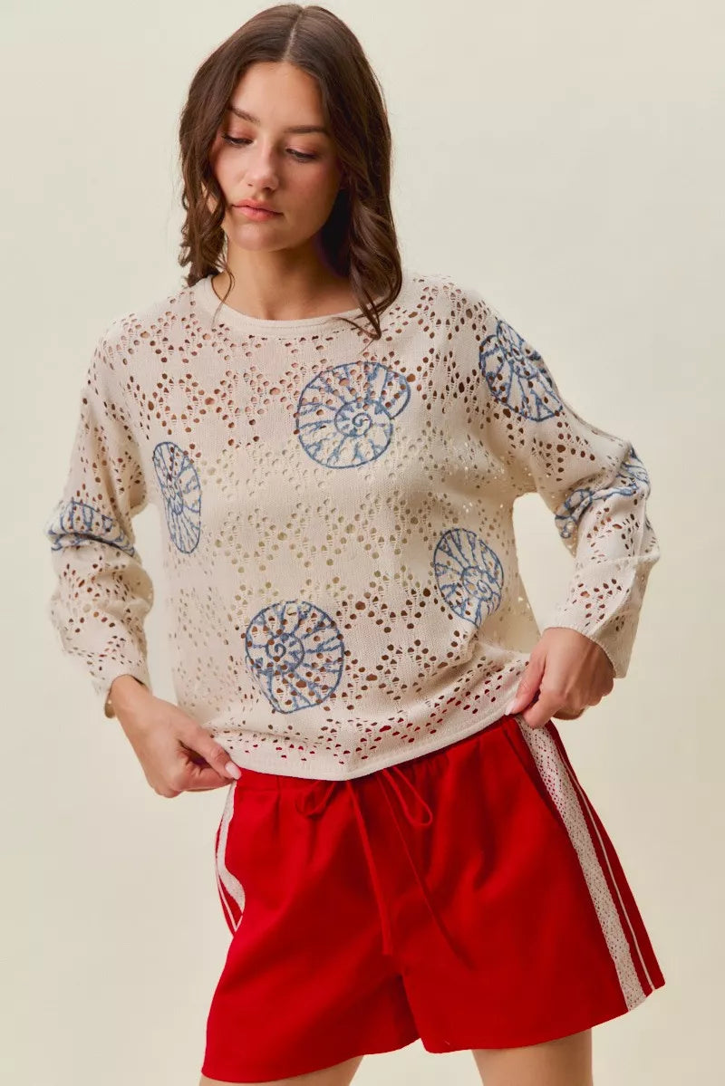 Seashell motif openwork knit long sleeve top