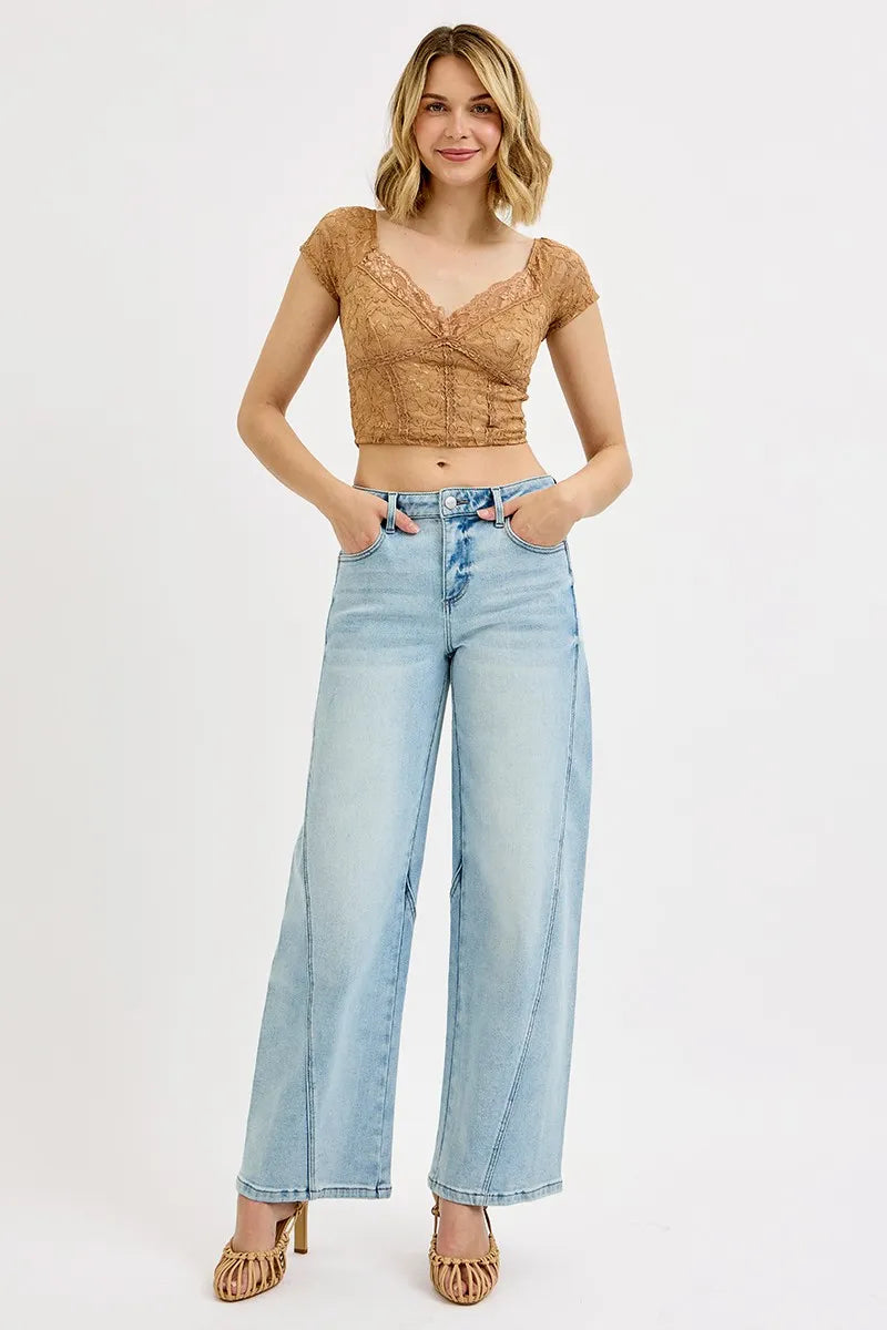 Mid-rise barrel-leg jeans with whiskered wash