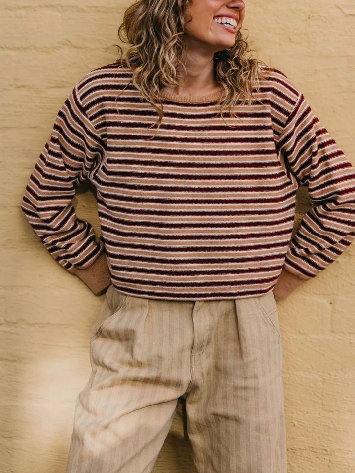 Khaki Striped ribbed knit crew neck sweater with drop shoulders