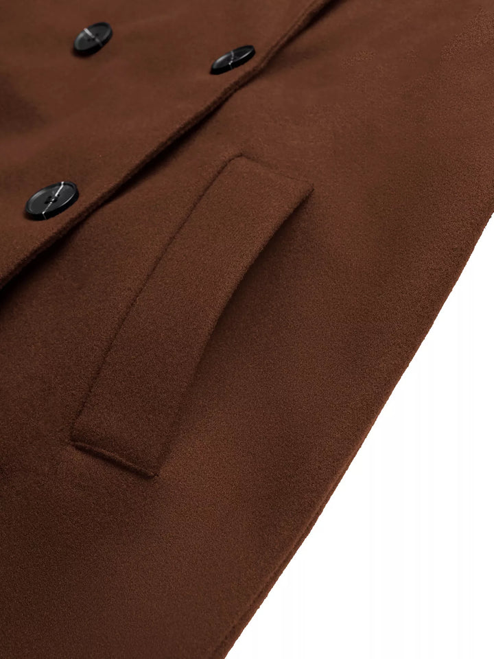 Double-breasted belted longline coat with notch lapel