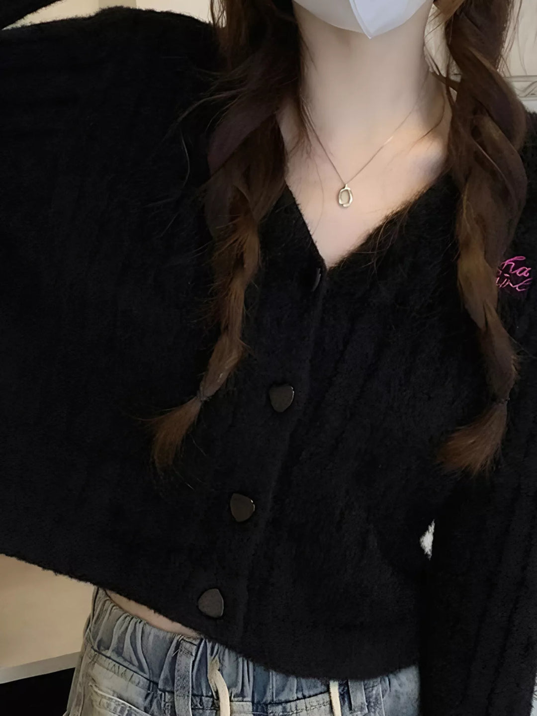 Fuzzy brushed knit button-up cropped cardigan