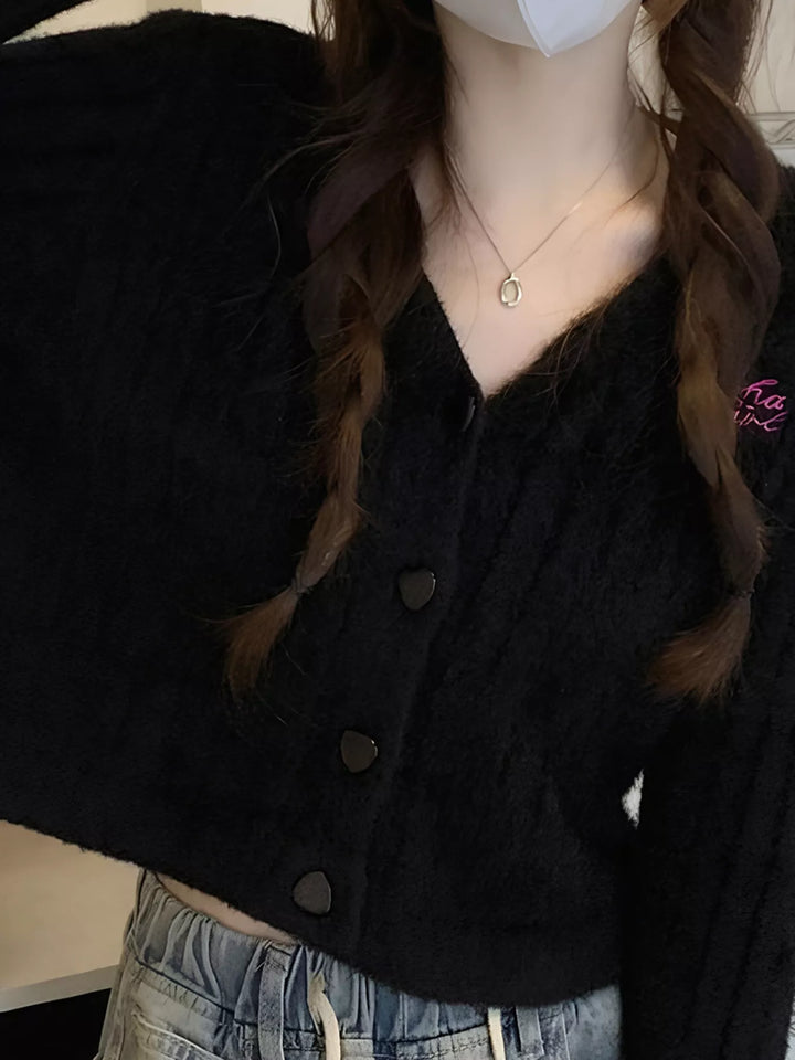 Fuzzy brushed knit button-up cropped cardigan