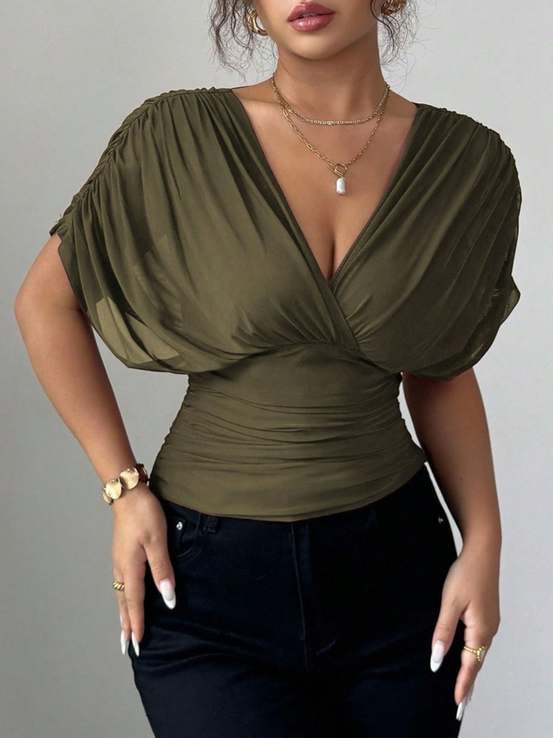 Ruched surplice wrap top with short dolman sleeves