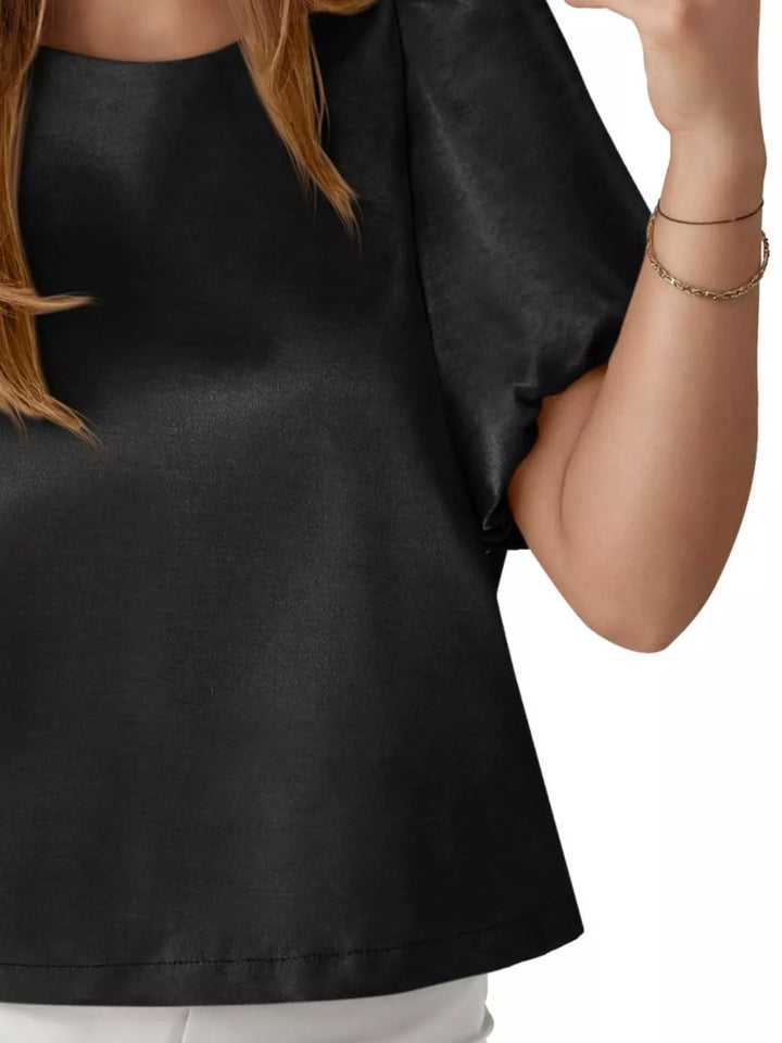 Short puff sleeve satin top with round neck