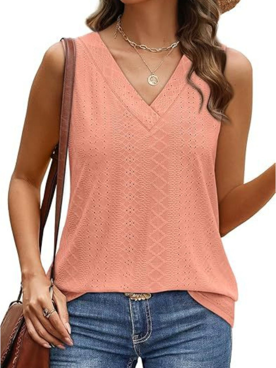 Eyelet V-neck sleeveless tank with diamond texture