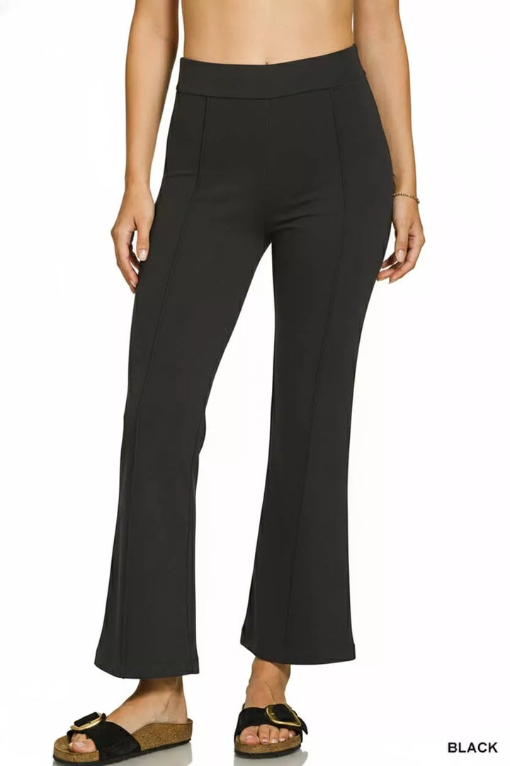 High-rise ponte pintuck flare pants with elastic waist