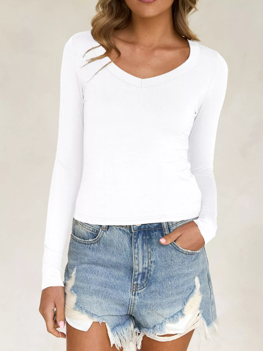 Deep scoop neck slim fit long sleeve top