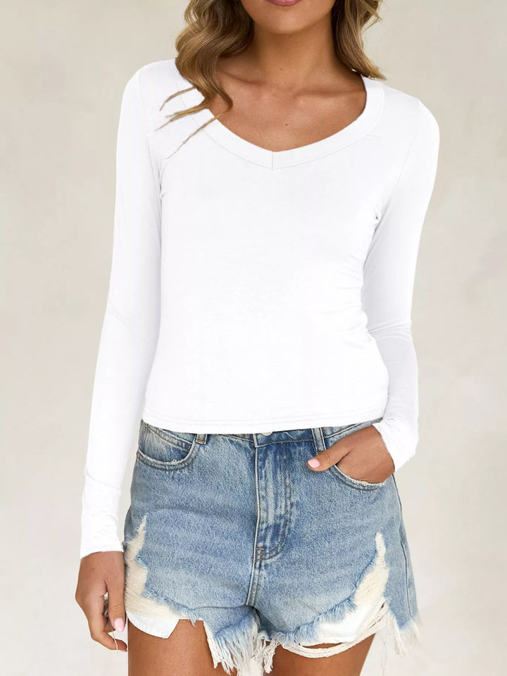Deep scoop neck slim fit long sleeve top