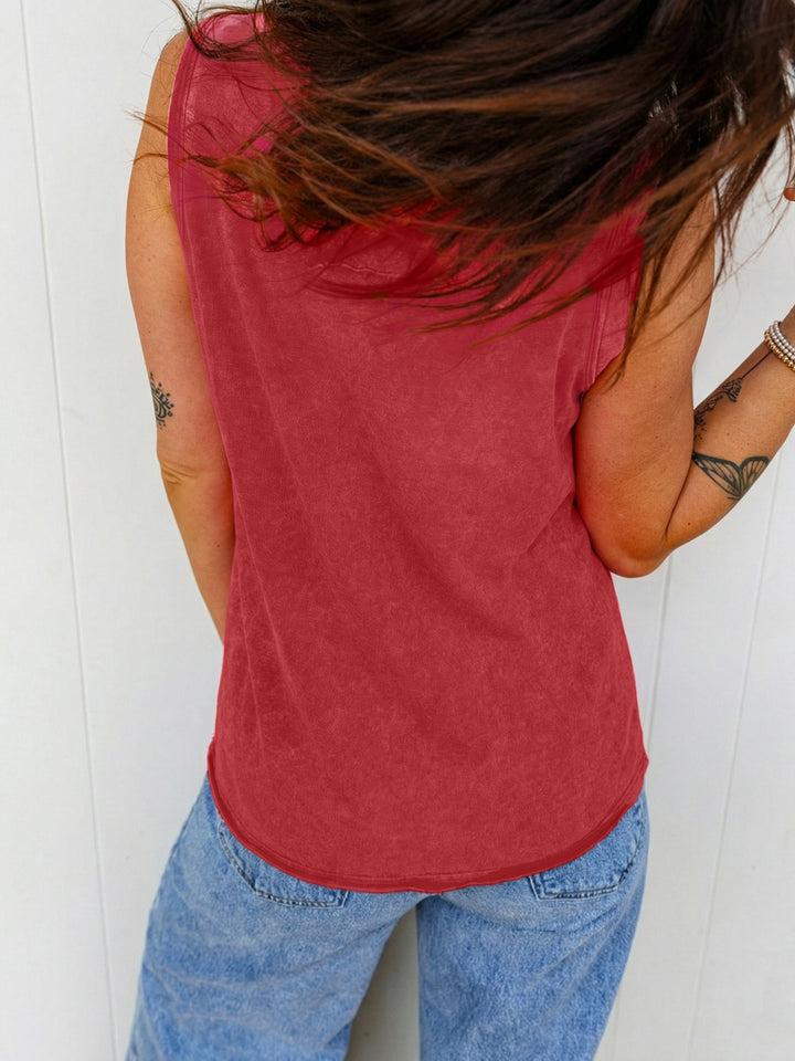 Mineral wash V-neck tank top with curved hem