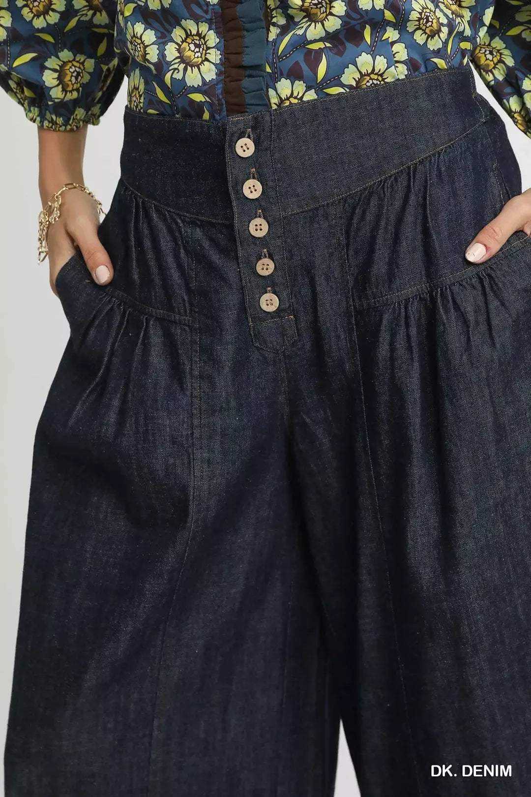 High-rise wide-leg button-front denim culottes
