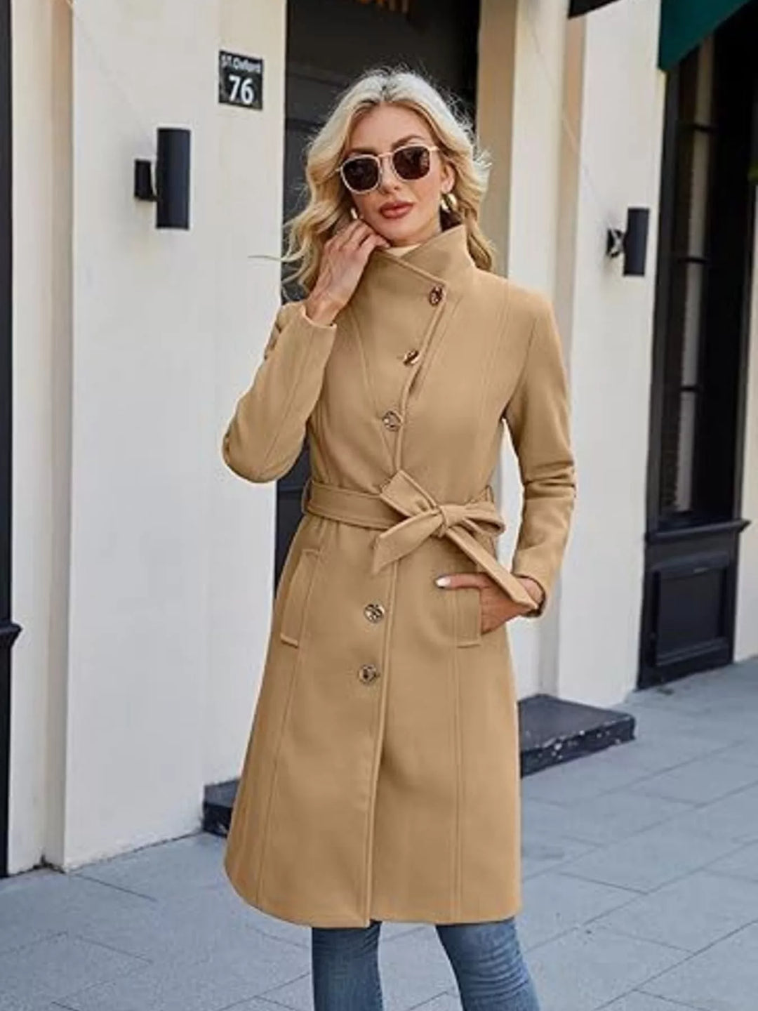 Single-breasted longline overcoat with wide notch collar