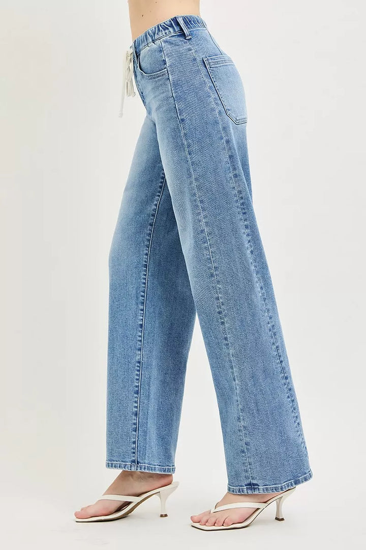 Relaxed wide-leg drawstring waist denim jeans