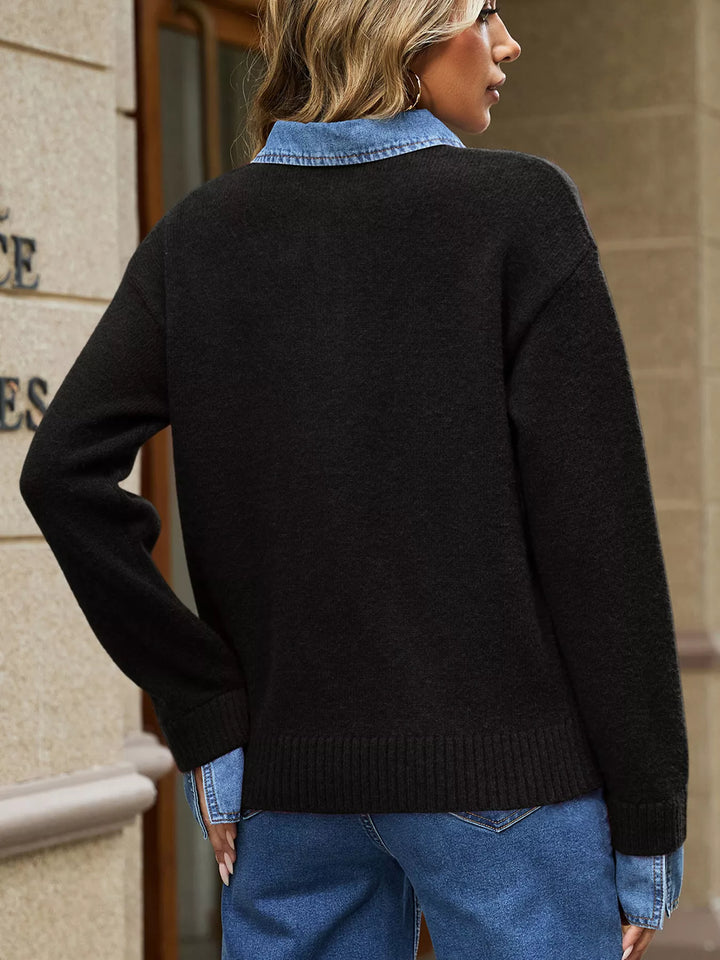 Denim collar knit sweater with button placket and cuffs