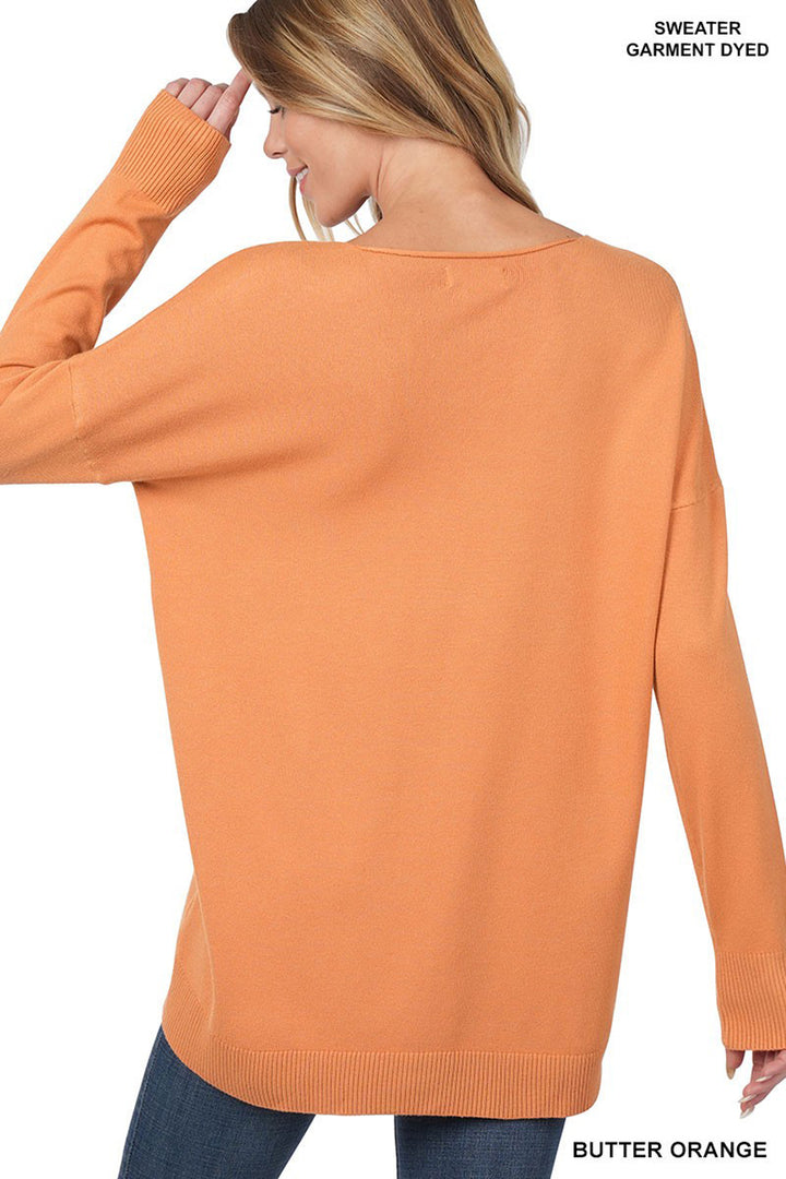 Hi-Low Garment Dyed V-Neck Front Seam Sweater - Azoroh