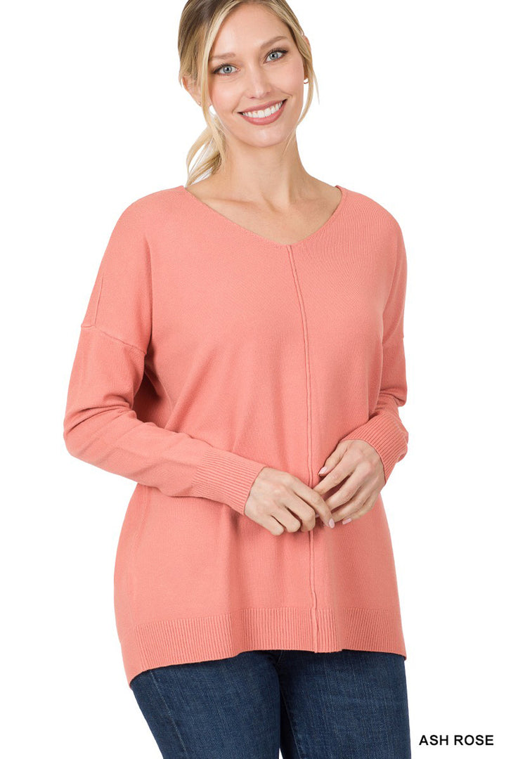 Hi-Low Garment Dyed V-Neck Front Seam Sweater - Azoroh
