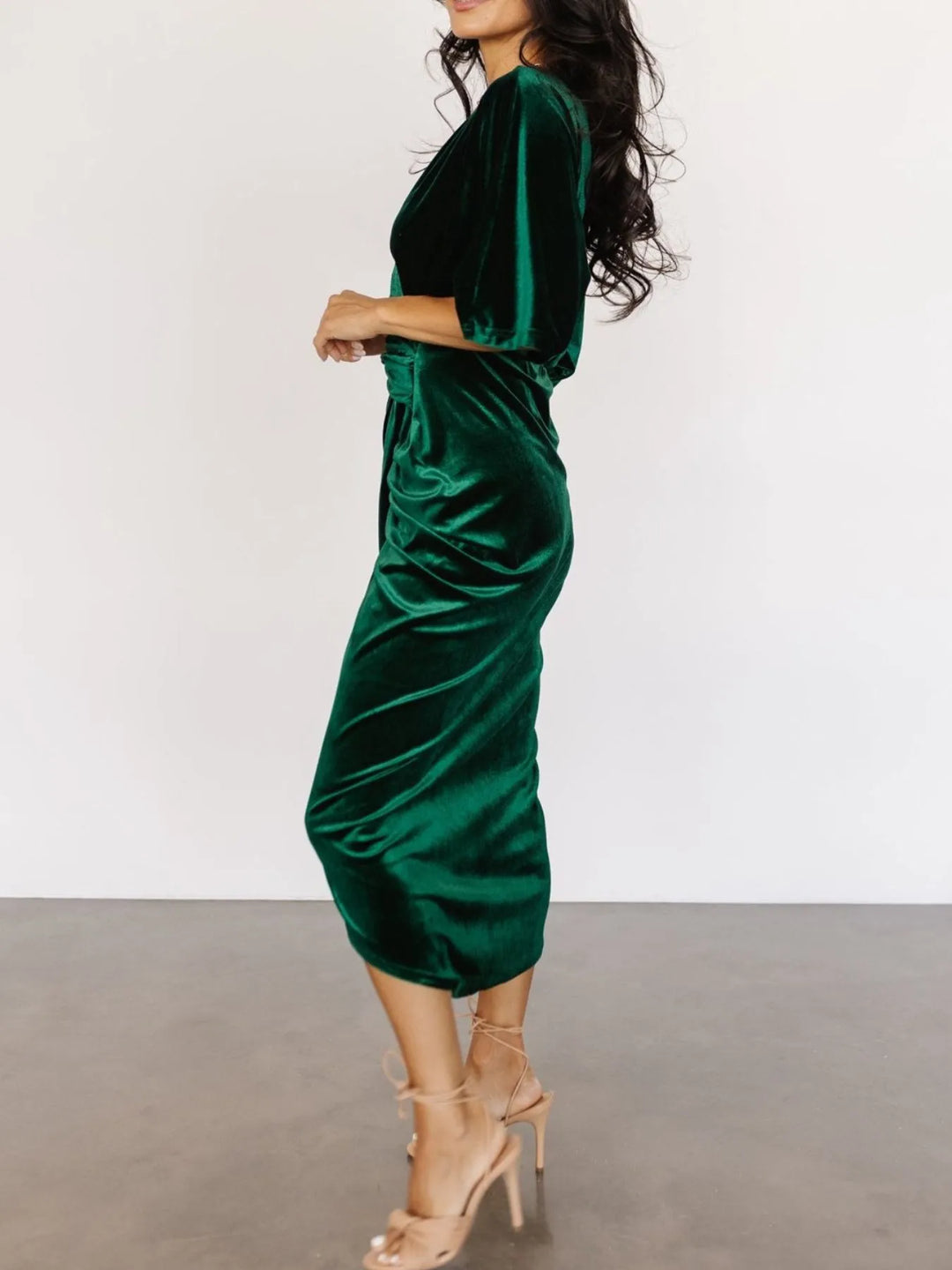 Ruched velvet wrap midi dress with surplice v-neck