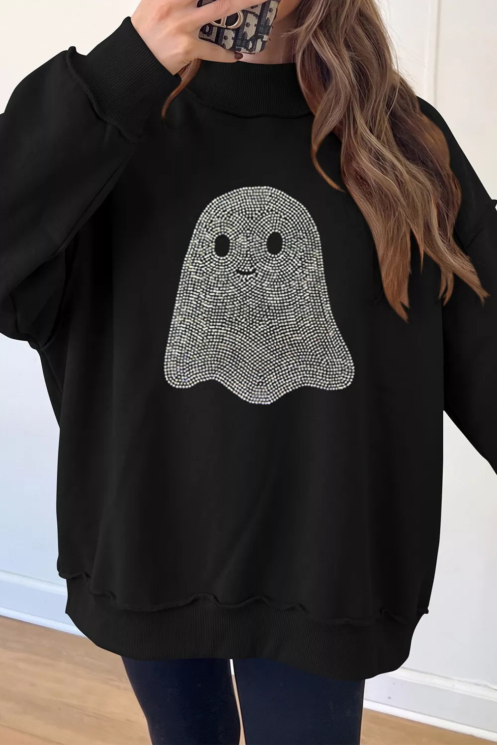 Black Rhinestone ghost mock neck exposed seam sweatshirt