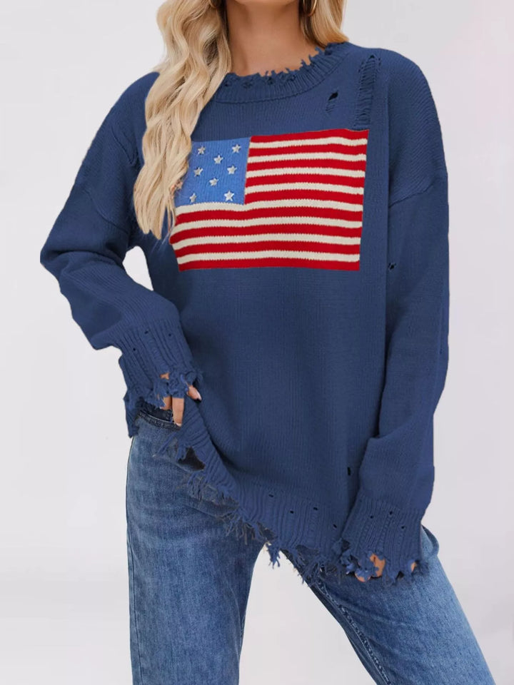Peacock  Blue Distressed American flag knit sweater with raw frayed hem