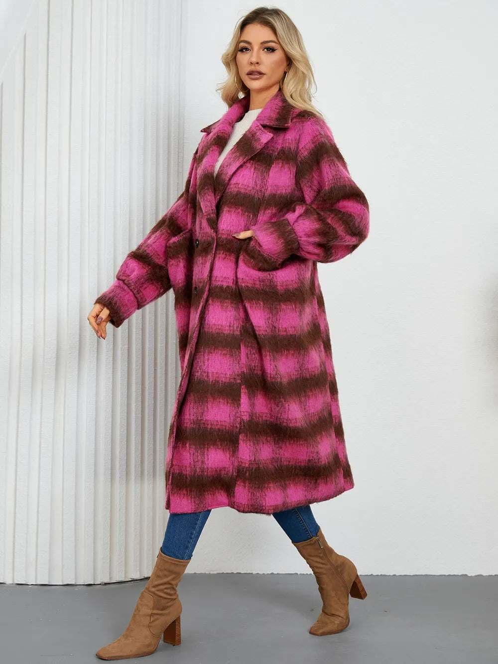 Plaid double-breasted longline coat with notch lapel