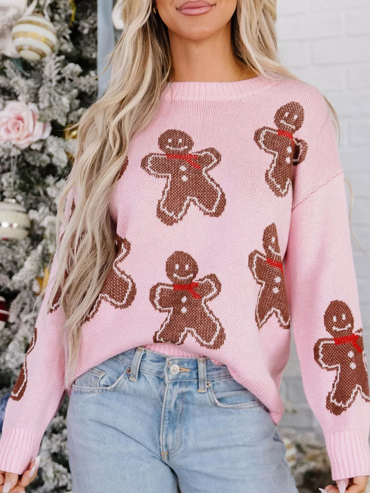 Blush Pink Gingerbread man knit pullover sweater with drop shoulders