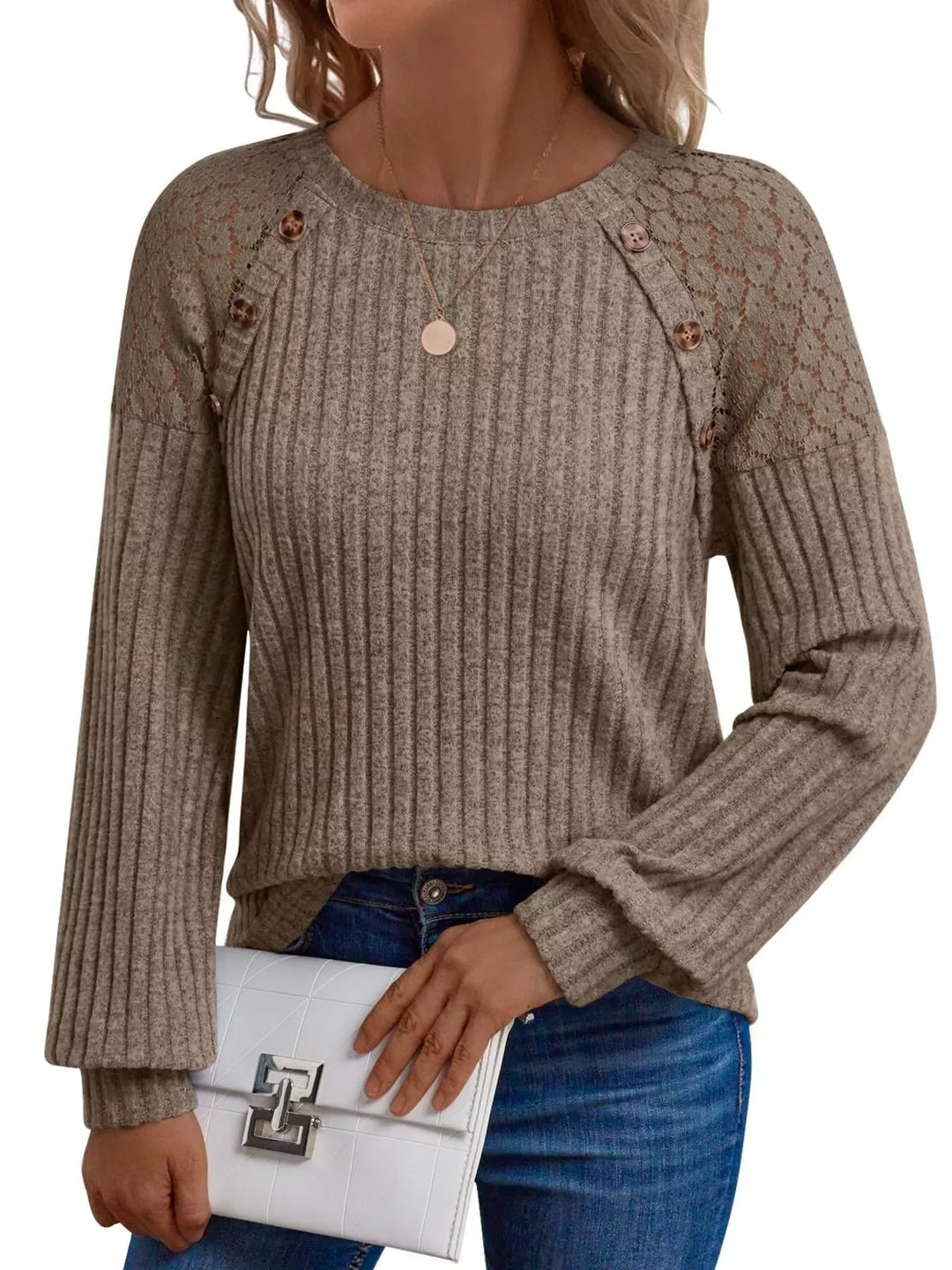 Ribbed knit long sleeve top with lace shoulder detail