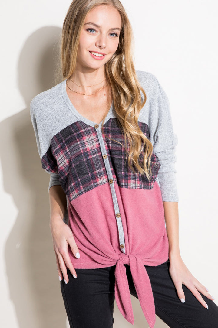 SOLID PLAID MIXED TOP
