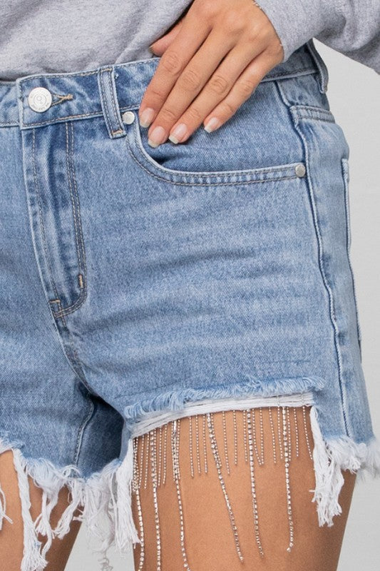 Luxe Rhinestone Tassel Premium Denim Shorts