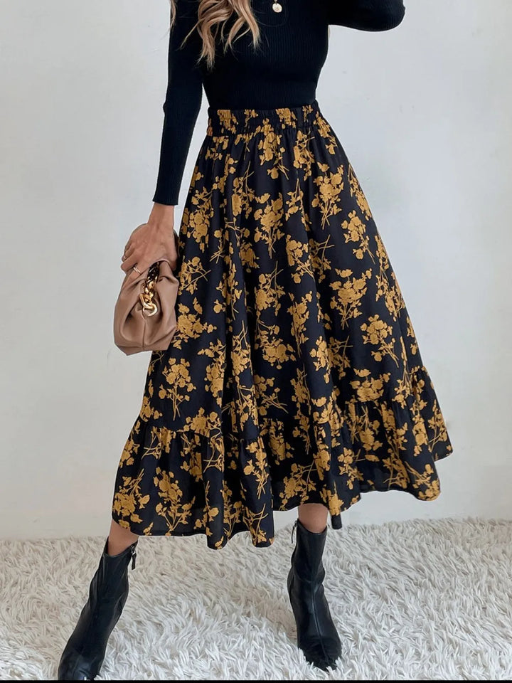 Flared ruffle-tier midi skirt with elastic waist