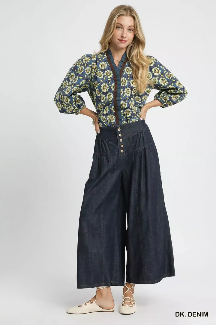 High-rise wide-leg button-front denim culottes