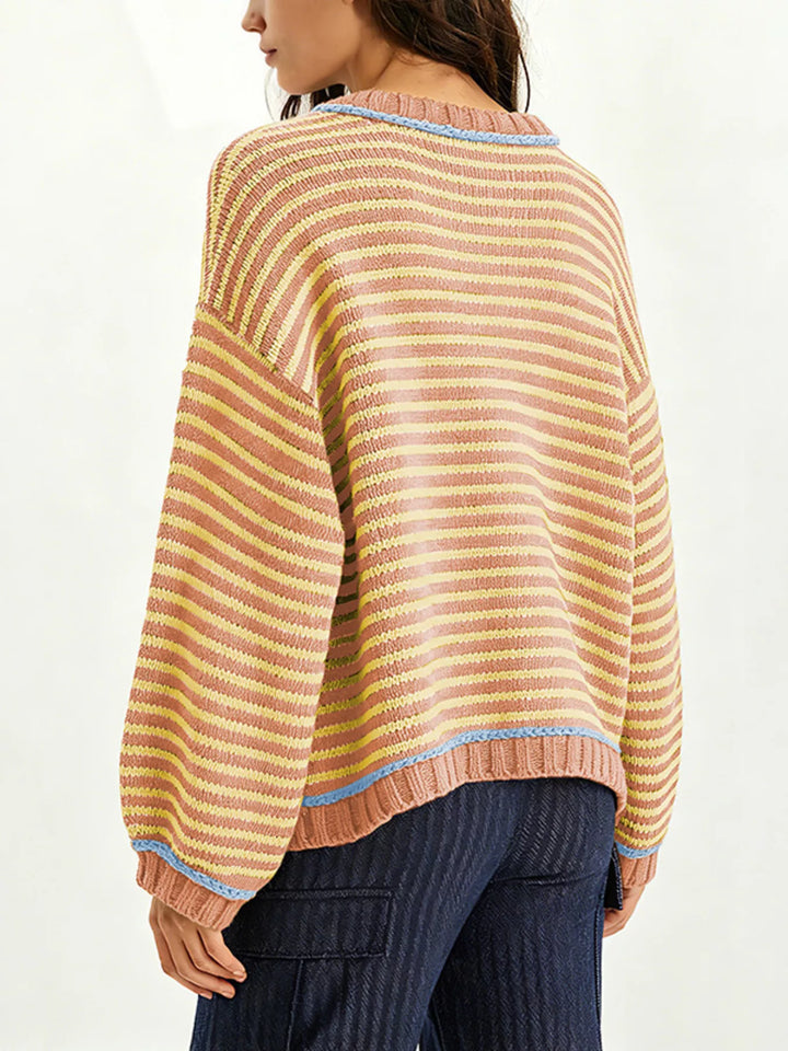 Oversized striped drop-shoulder sweater with ribbed trim