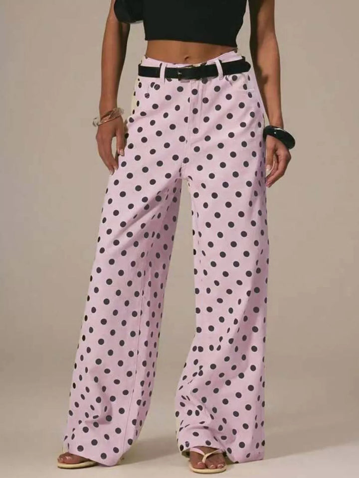 Pink Polka dot high-rise wide-leg jeans with five-pocket styling