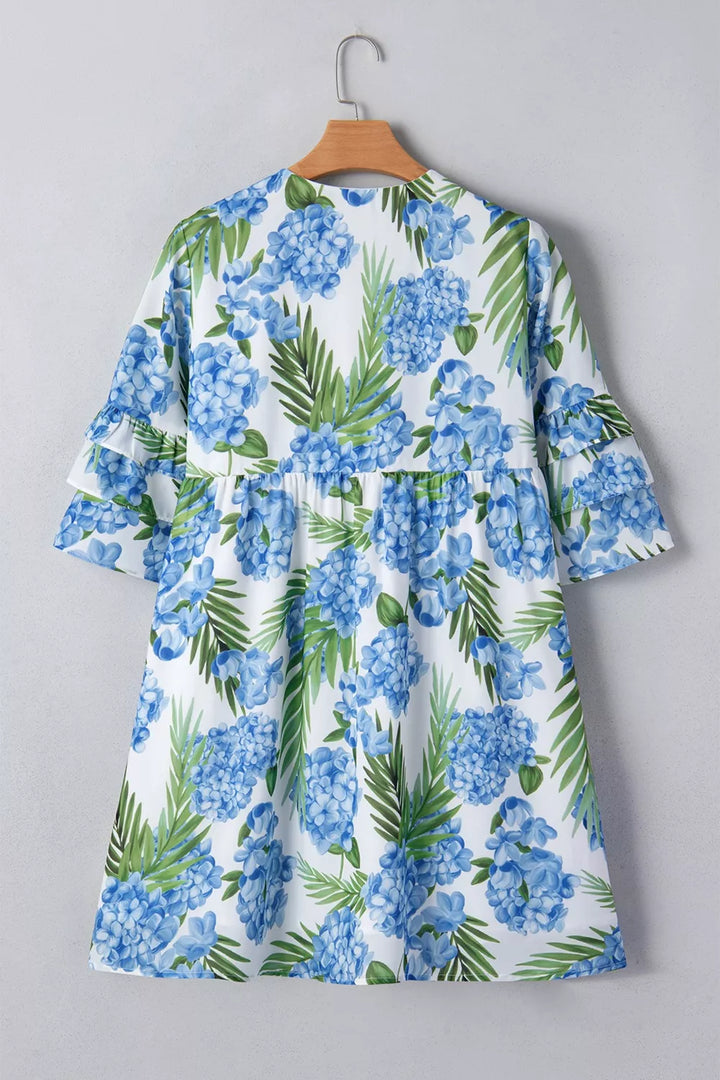 Floral print tiered bell sleeve mini dress with bow