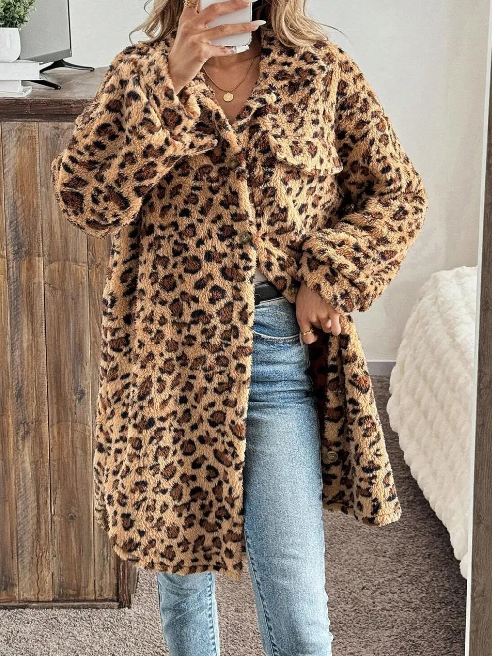 Leopard Leopard fuzzy fleece button-up longline coat