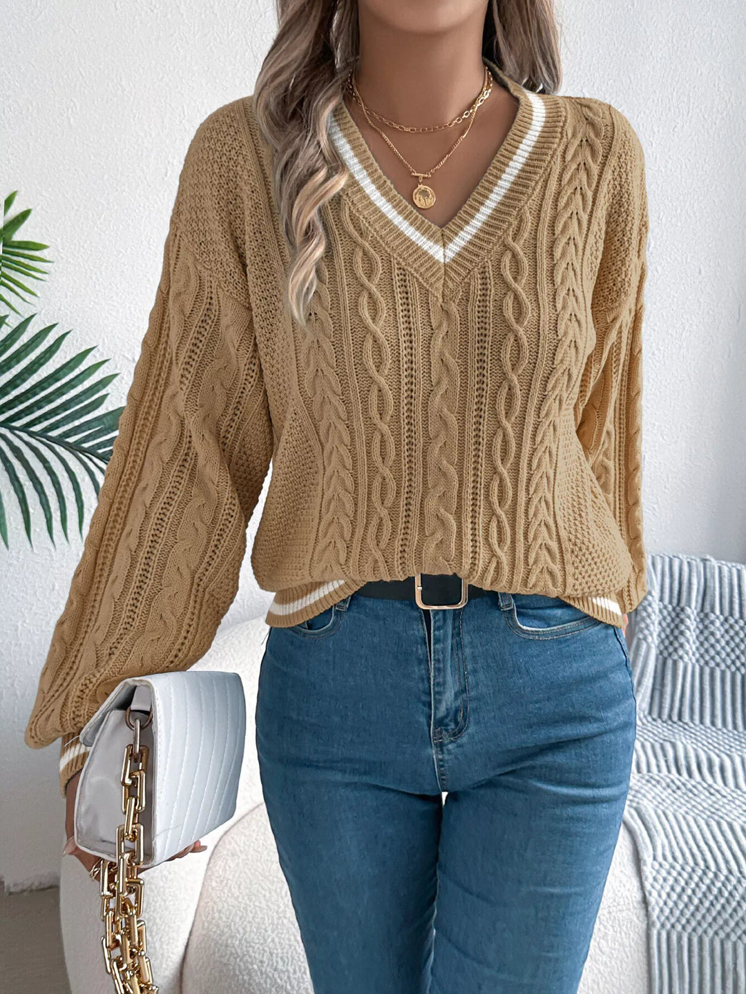 Khaki Mixed cable knit drop shoulder V-neck pullover sweater