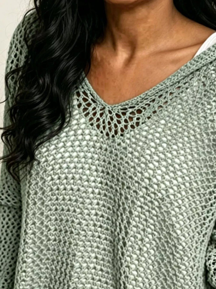 Openwork knit hooded pullover cover-up with V-neck