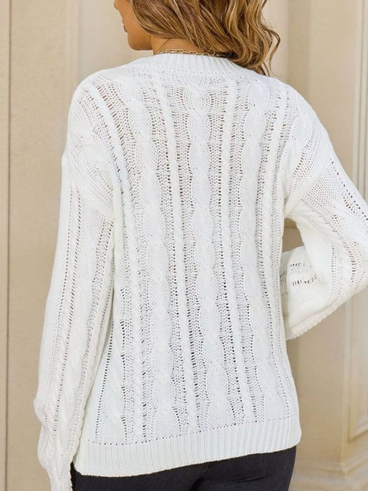 Openwork cable knit long sleeve crew neck sweater