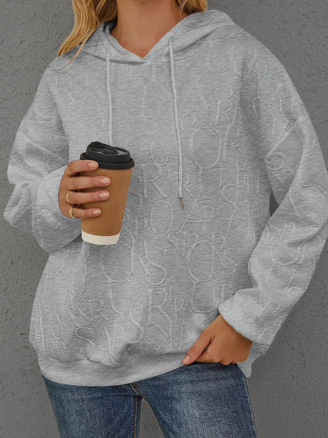 Gray Embossed lettering drawstring pullover hoodie