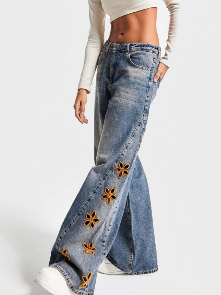 Distressed wide leg jeans with floral embroidery