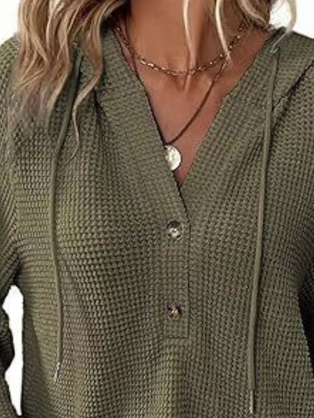 Button-detail waffle knit hoodie with drawstring hood