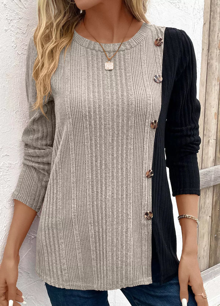 Dust Storm Color block ribbed knit top with button trim