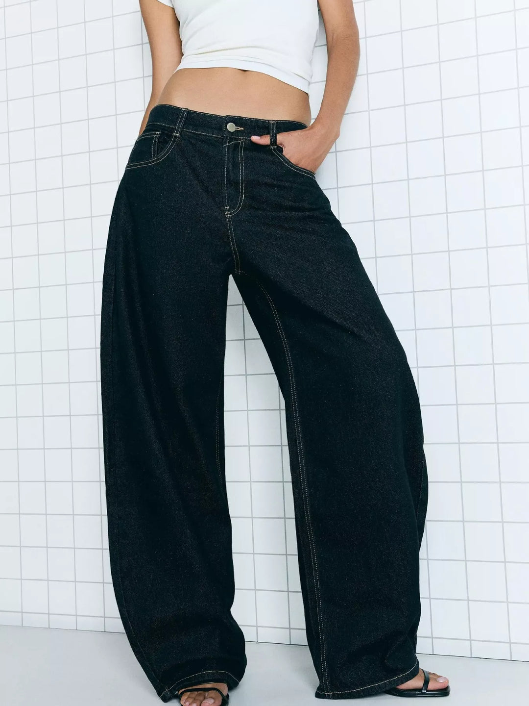 Blue-black Mid-rise wide-leg washed denim jeans with five-pocket styling