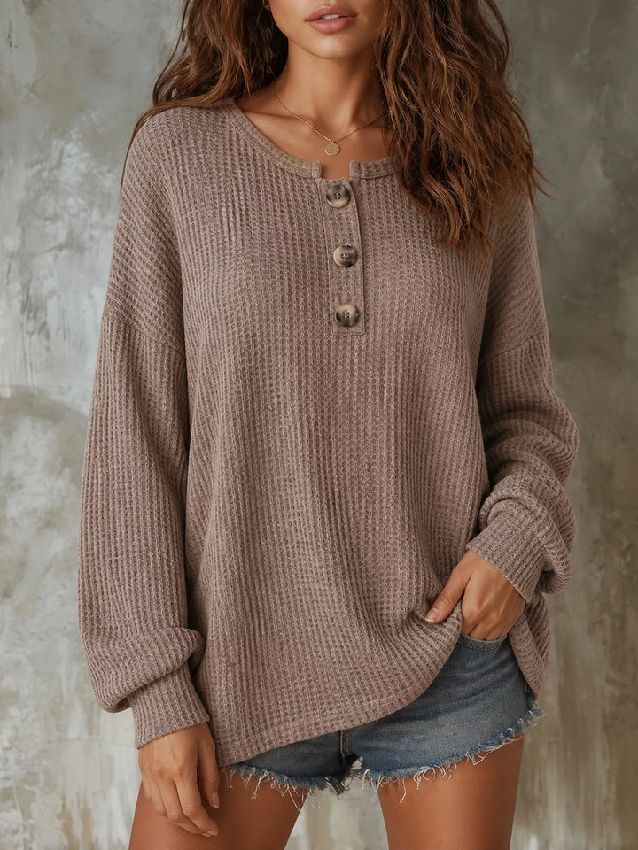 Taupe Waffle knit henley top with dropped shoulders