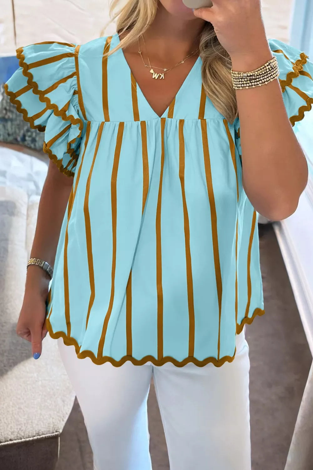 Pastel  Blue Striped ricrac-trim double-ruffle v-neck blouse
