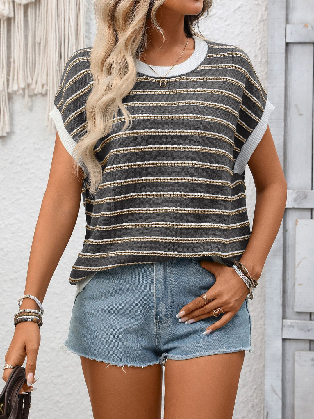 Striped ribbed knit short sleeve sweater top with contrast trim